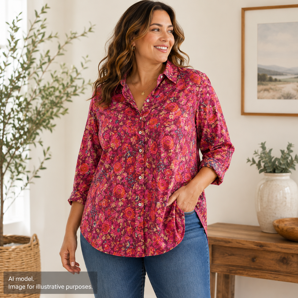 Ralph Lauren Top Shirt Women 2X Pink Floral Lightweight All Cotton Button-Up LRL